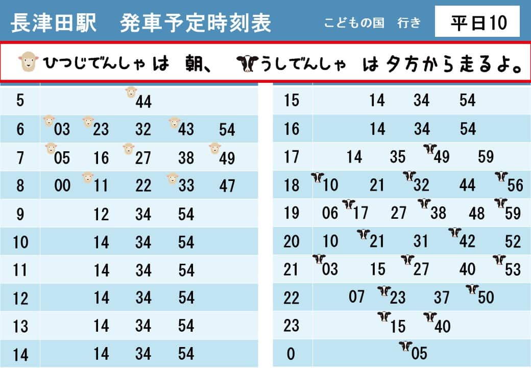 うしでんしゃ・ひつじでんしゃ運行時刻表